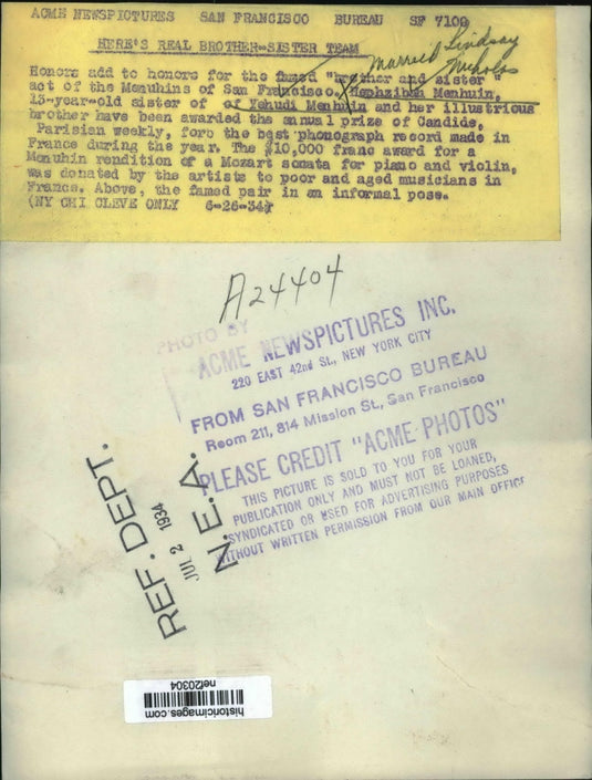 1934 Press Hephzibah Menhuin Sister of Yehudi Menhuin Awarded Candide Prize