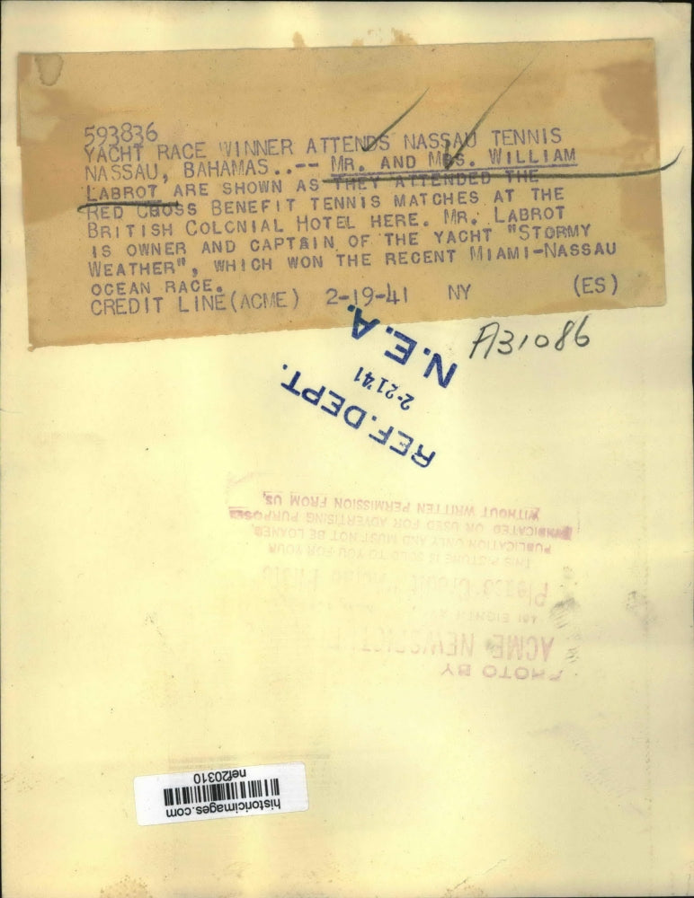 1941 Press Photo Yacht Race Winner Mr & Mrs William Labrot Attend Nassau Tennis