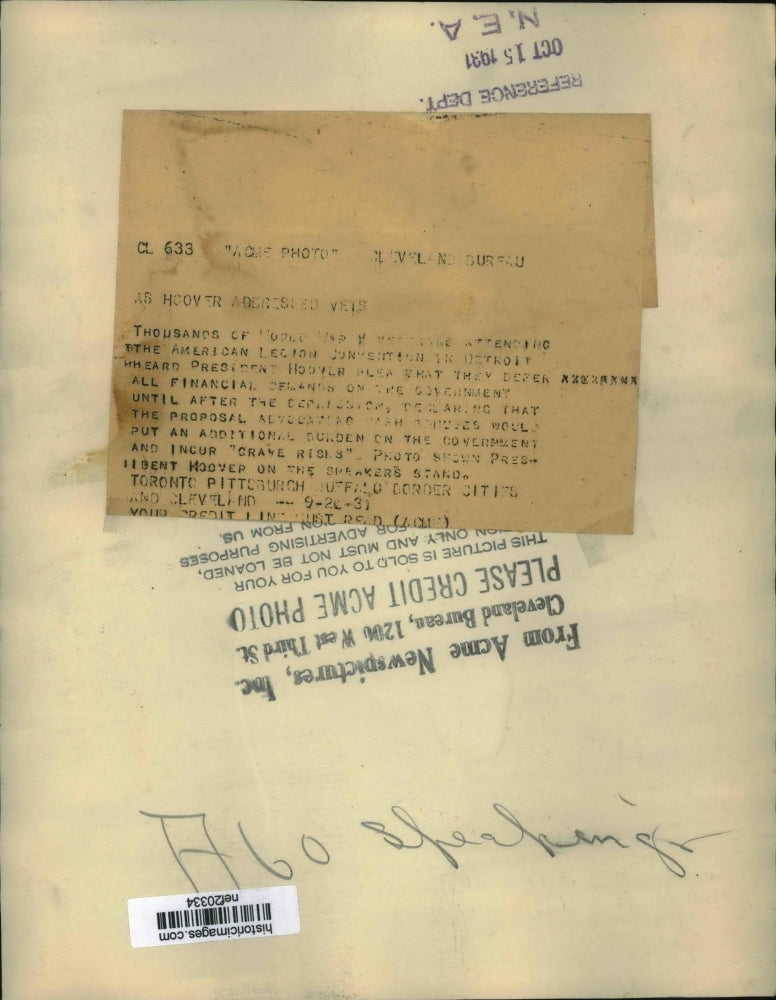 1931 Press Photo Pres, Hoover Speaks at American Legion Convention in Detriot