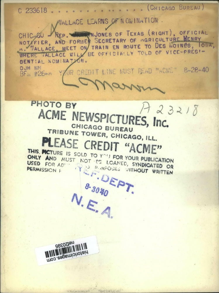 1940 Press Photo Marvin Jones and Henry Wallace on Train to Des Moines, Iowa