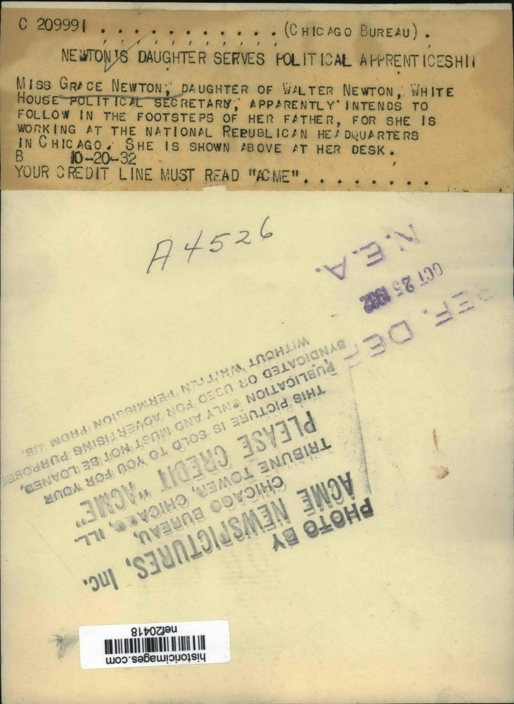 1932 Press Photo Grace Newton Works at National Republican Headquarters