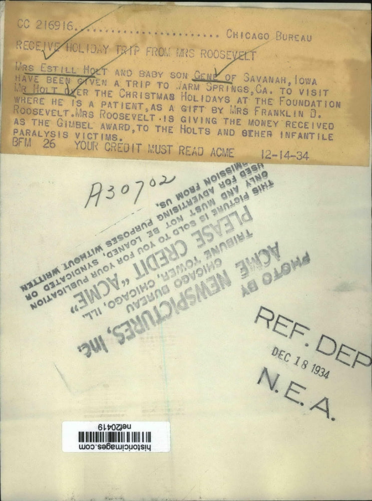 1934 Press Photo Estill Holt Given Trip to See Ill Husband from Mrs Roosevelt