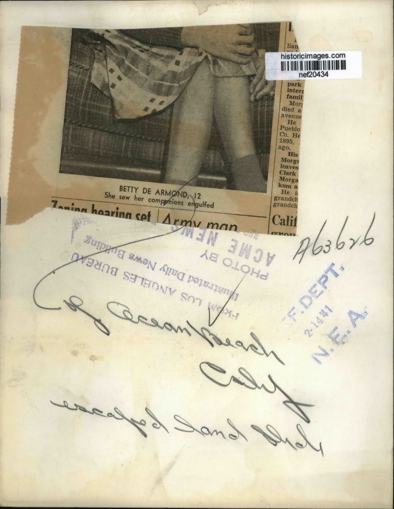 1941 Press Photo Betty de Armond Survivor of California Land Slide - nef20434