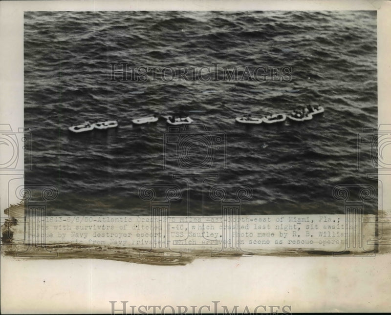 Load image into Gallery viewer, 1950 Press Photo Rafts with survivors await rescue by Navy destroyer escort
