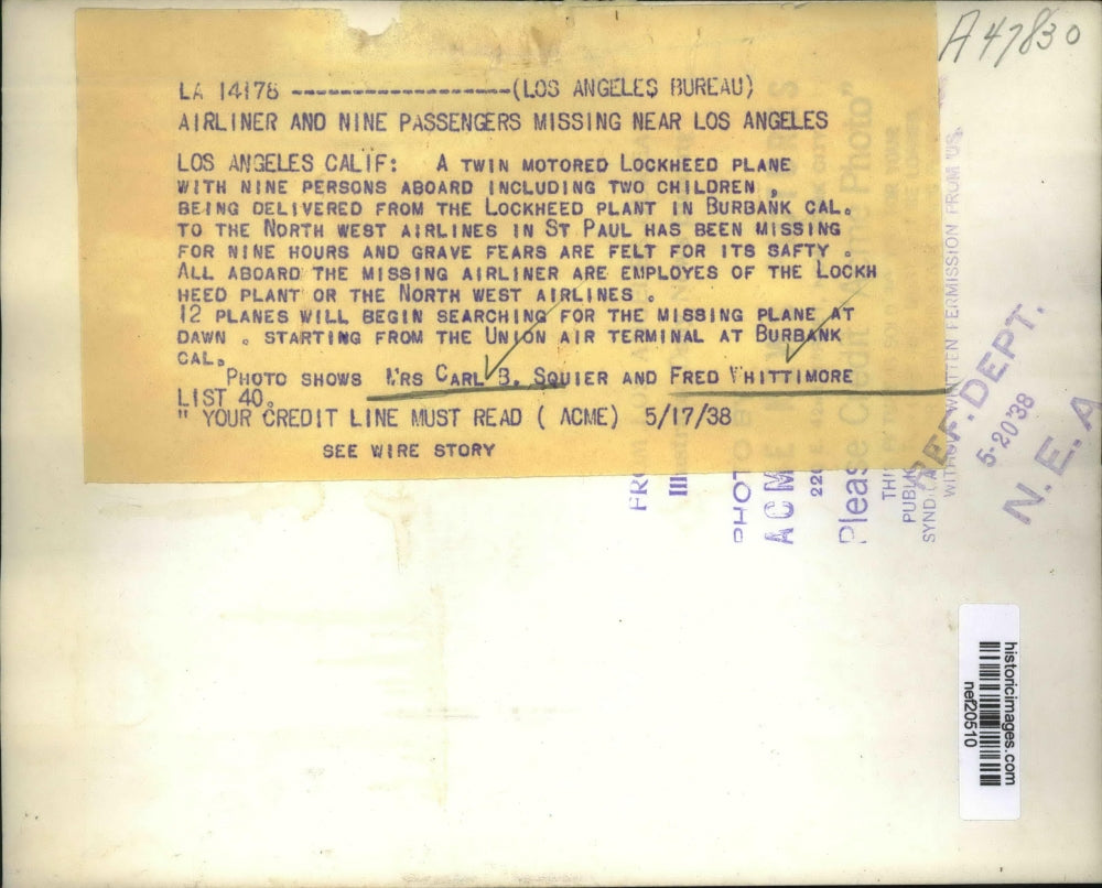 1938 Press Photo Airliner and Nine Passengers Missing Near Los Angeles