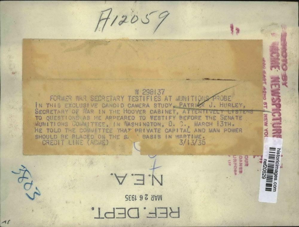 1935 Press Photo Patrick J. Hurley at Senate Munitions Committee Probe