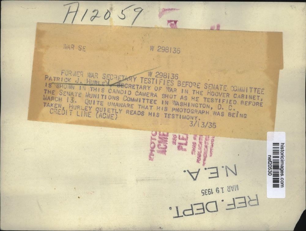 1935 Press Photo Patrick J. Hurley at Senate Munitions Committee Probe