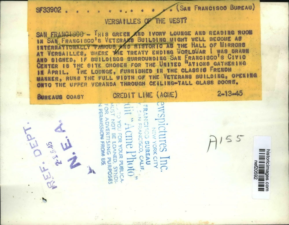 1945 Press Photo Reading Room & Lounge at San Francisco Veterans Building