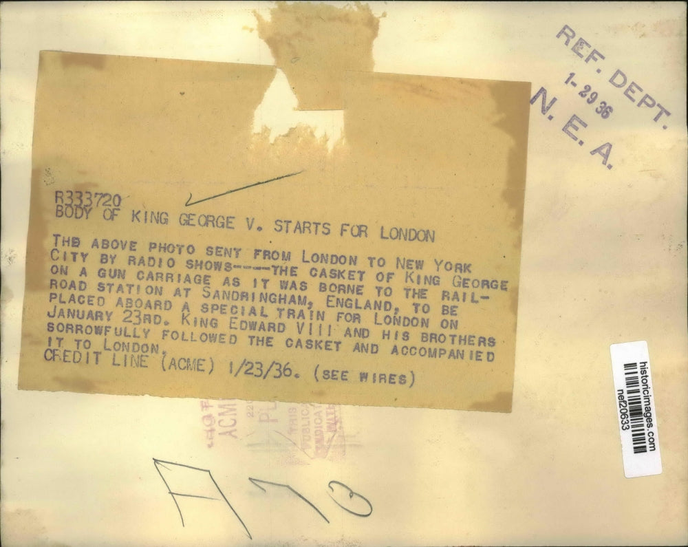 1936 Press Photo Casket of King George On a Gun Carriage To Be Boarded On Train