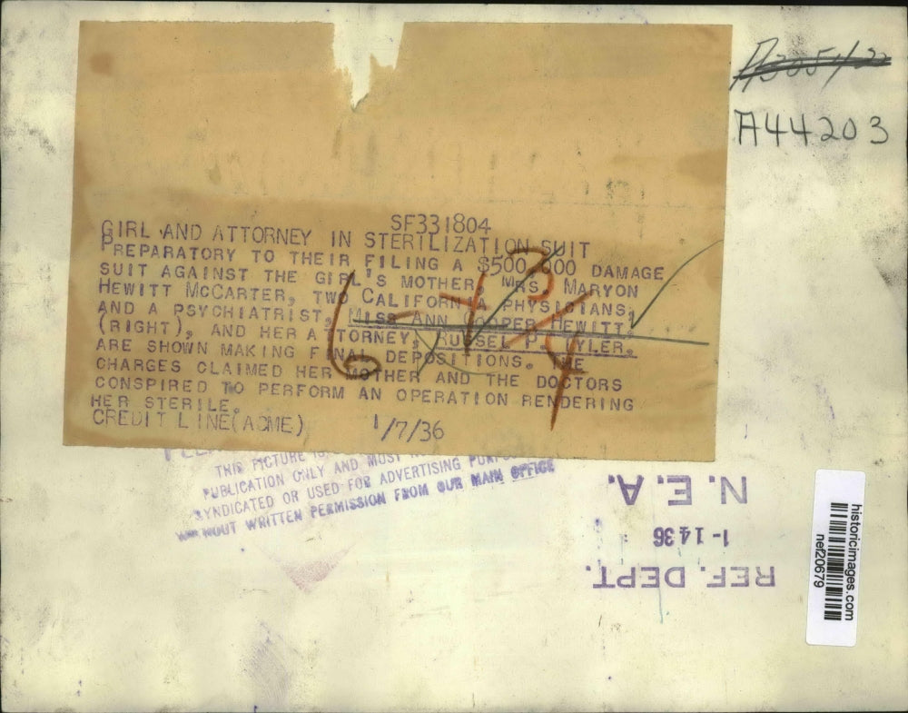 1936 Press Photo Maryon Hewitt McCarter, Attorney Russel P. Tyler at Deposition