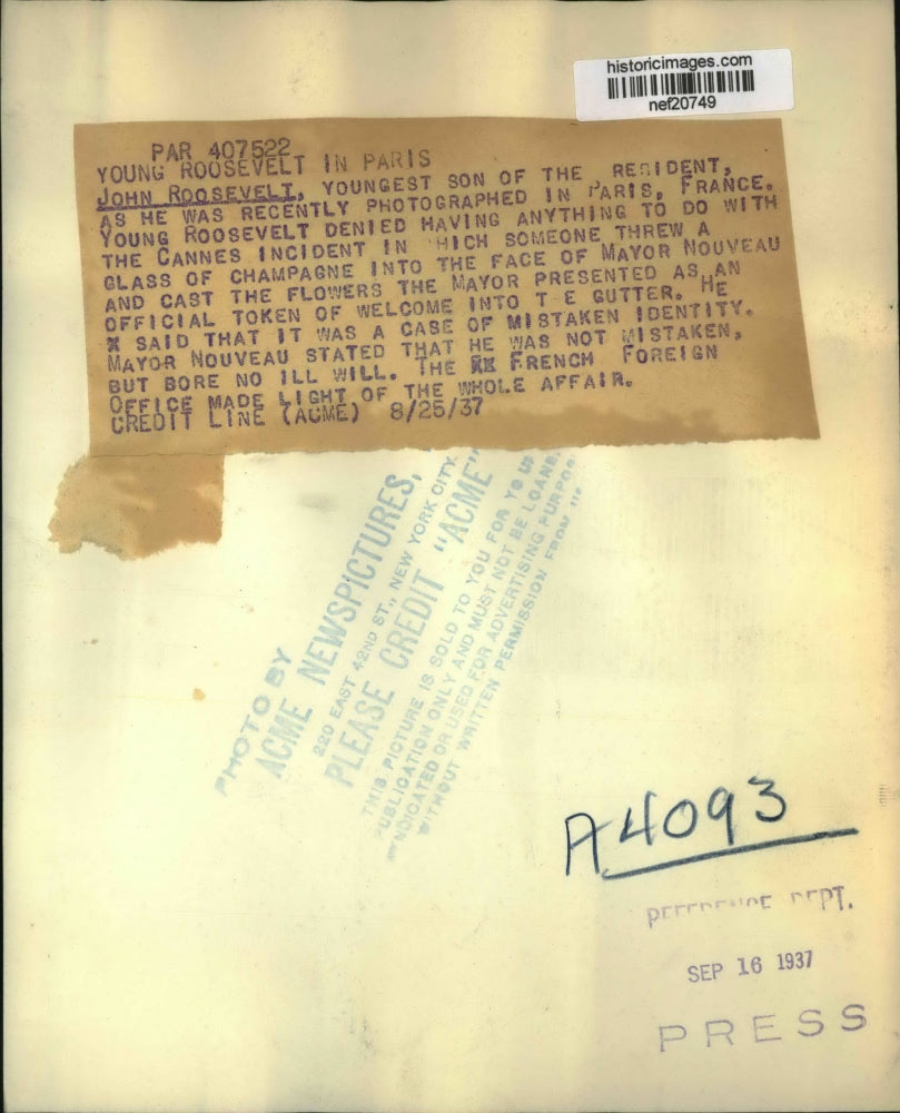 1937 Press Photo John Roosevelt in Paris, France - nef20749