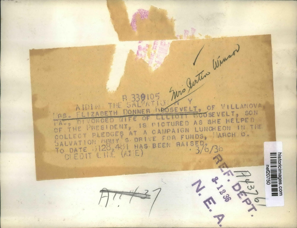 1936 Press Photo Elizabeth Donner Roosevelt at Salvation Army Campaign Luncheon