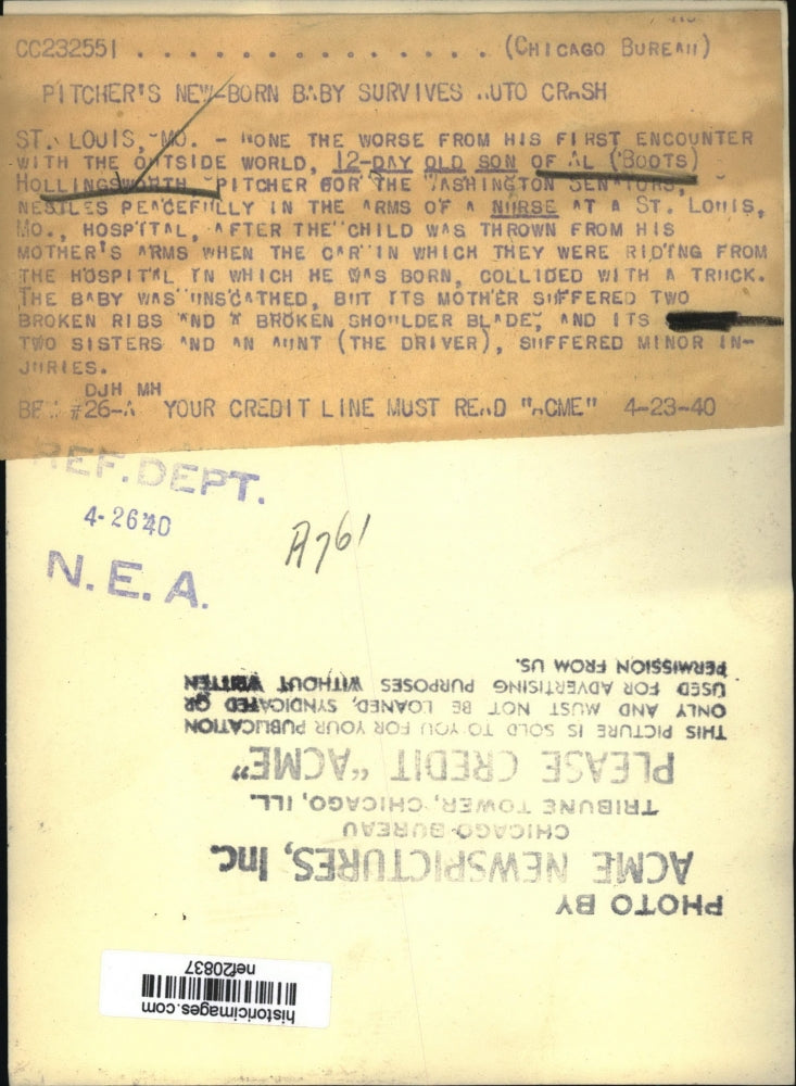 1940 Press Photo Newborn Son of Al "Boots" Hollingsworth in St. Louis Hospital