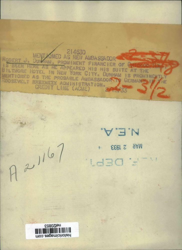 1933 Press Photo Robert Dunham to be Ambassador to Germany Roosevelt Admin