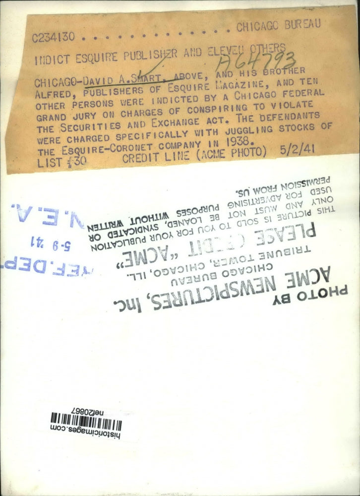 1941 Press Photo David A. Smart Indicted in Esquire Magazine Stock Juggling Case