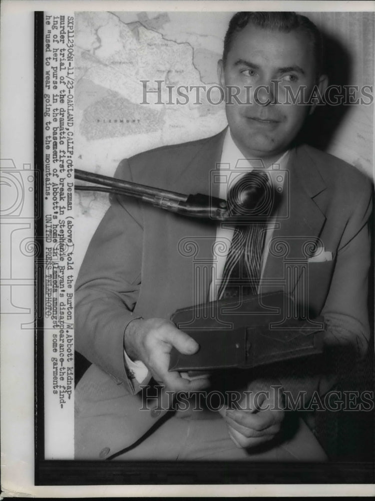 1955 Press Photo Otto Dezman Testifies in Burton Abbot Murder Trial, Oakland- Historic Images