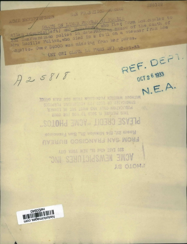 1933 Press Photo Allan Edwards, B.C. Bean to Aid Police in Lucille Fulton Case