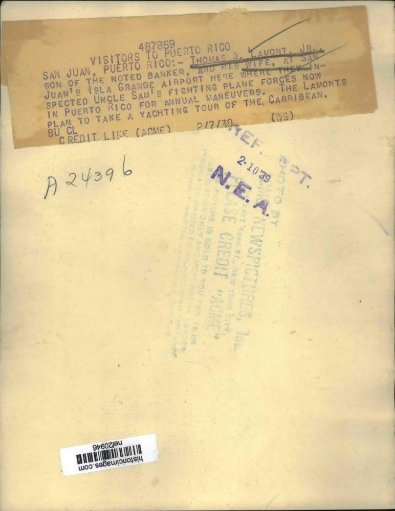 1939 Press Photo Thomas Lamont Jr and Wife Arrive in San Juan, Puerto Rico