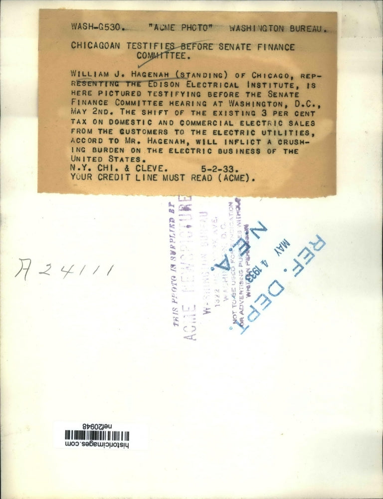 1933 Press Photo William Hagenah Represents Edison Electrical Institute in Trial