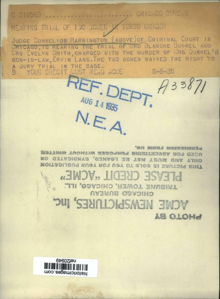 1935 Press Photo Judge Cornelios Harrington Presides over Blanche Dunkel Trial