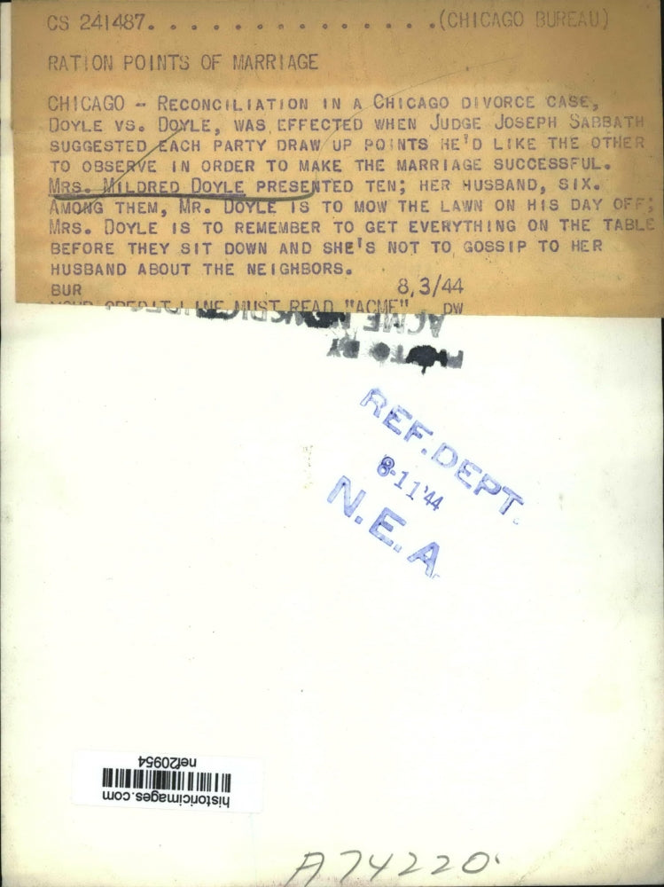 1944 Press Photo Doyle vs. Doyle reconciliation in a Chicago divorce case