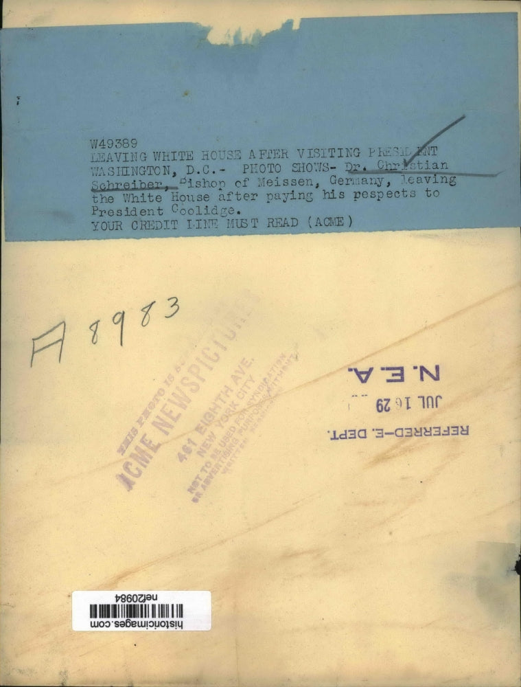 1929 Press Photo Dr Christian Schreibret Leaving White House After Visiting Pres