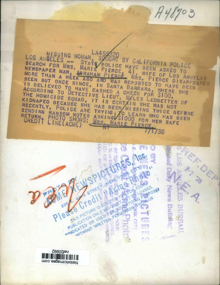 1938 Press Photo Mrs Marie Pierce Sought By California Police - nef20992