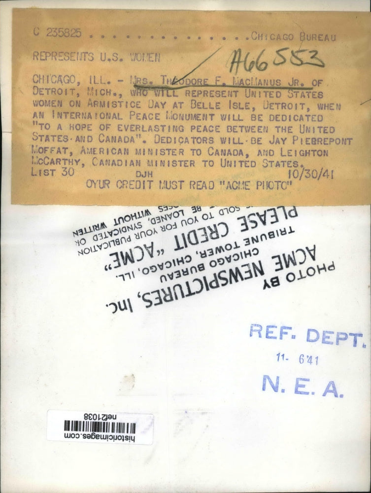 1941 Press Mrs Theodore MacManus Jr To Represent U.S. Women on Armistice Day