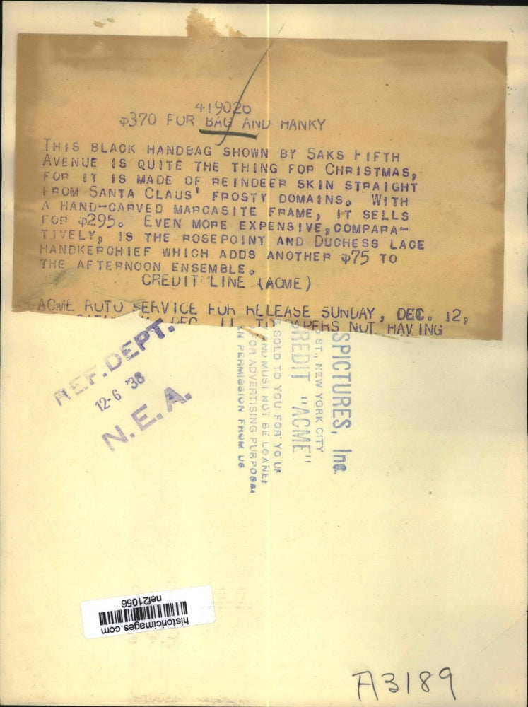 1938 Press Photo Saks Fifth Avenue Black Handbag - nef21056