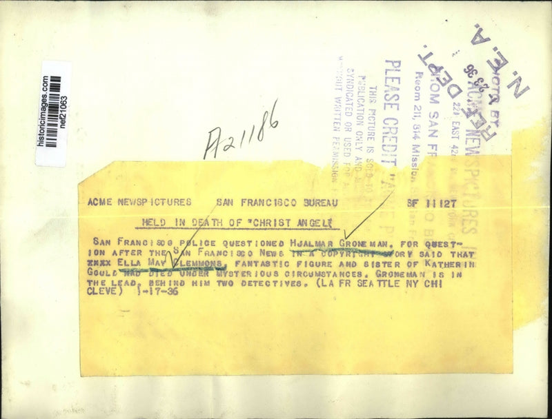 Load image into Gallery viewer, 1936 Press Hjalmar Groneman Held For Questioning in the Death of Ella Clemmons
