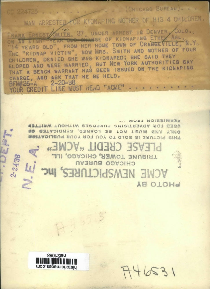 1938 Press Photo Smith arrested for kidnapping mother of his four children