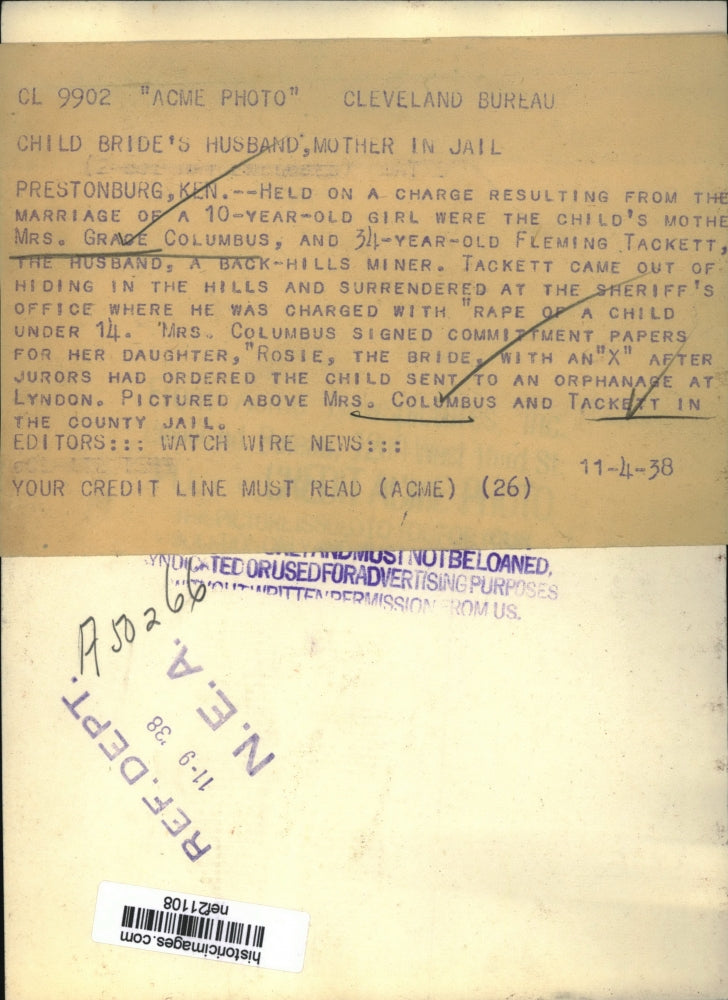 1938 Press Photo Grace Columbus charge form the marriage of 10 yr.old daughter