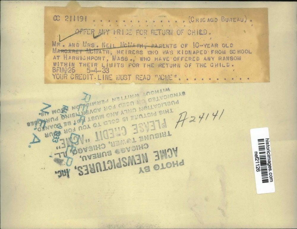 1933 Press Photo Mr. and Mrs. Neil McMath offer ransom for return of their child