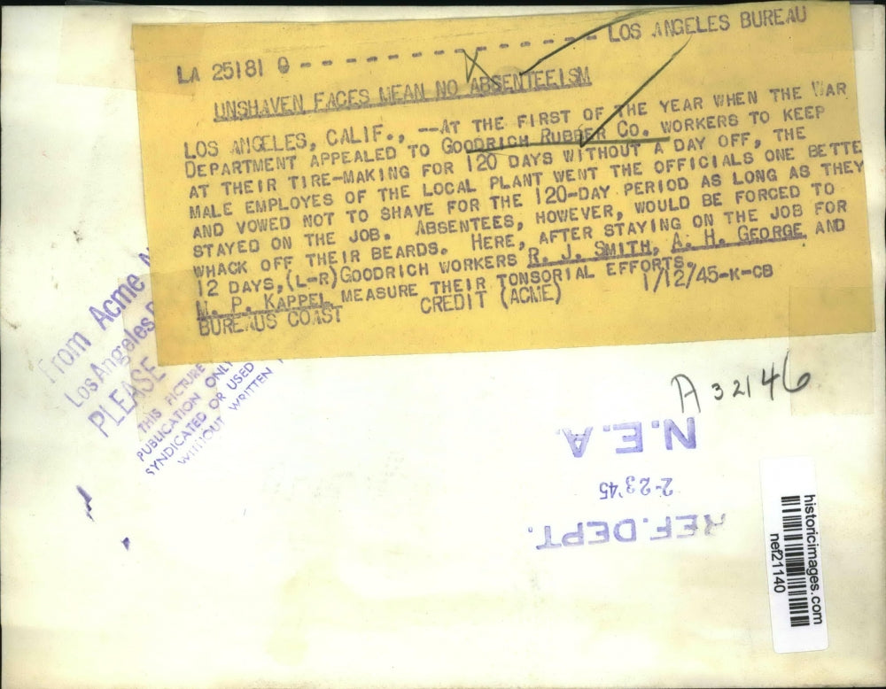 1945 Press Photo Goodrich Rubber Co Workers measure their Tonsorial efforts