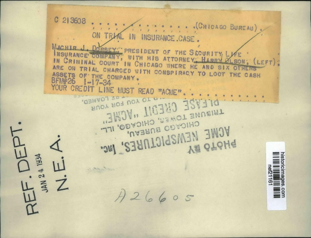 1934 Press Photo Machir J. Dorsey, Harry Olson in Criminal Court in Chicago