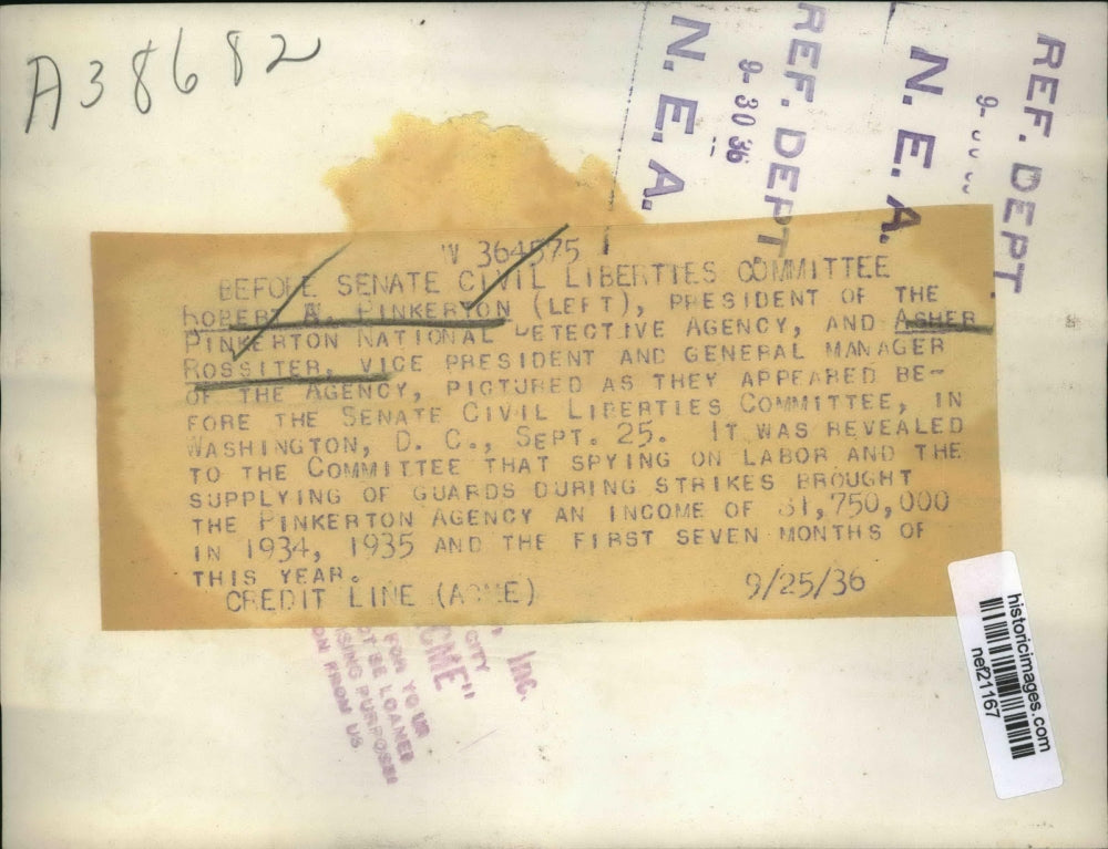 1936 Press Photo Robert Pinkerton, Asher Rossiter before Senate Committee