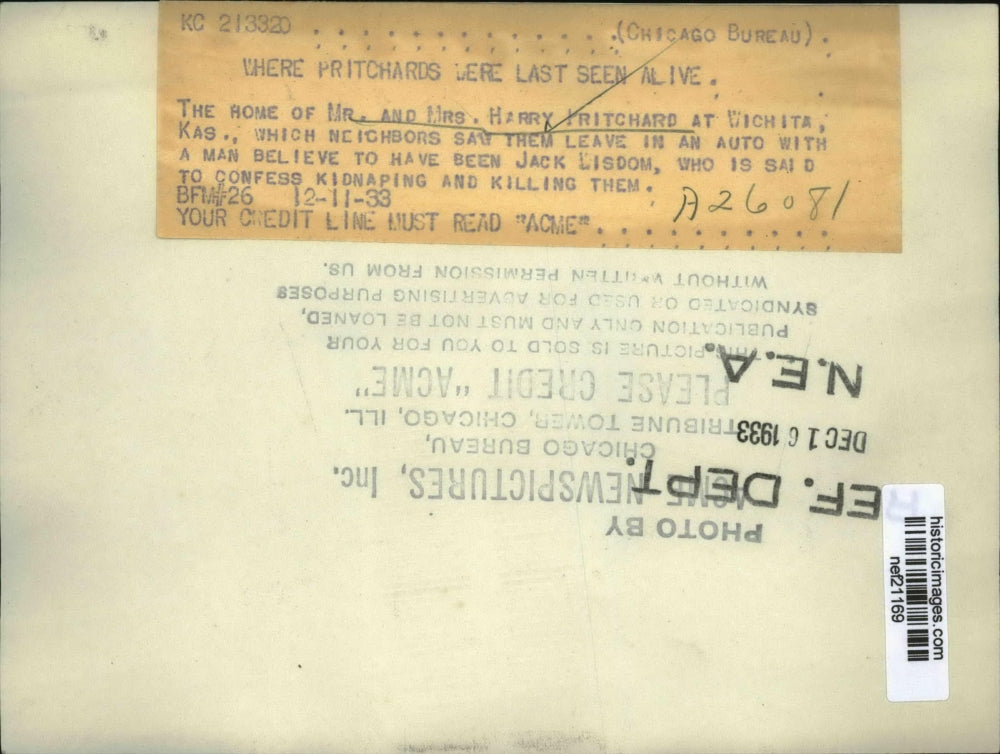 1933 Press Photo Wichita, Kansas Home of Murdered Mr and Mrs Harry Pritchard