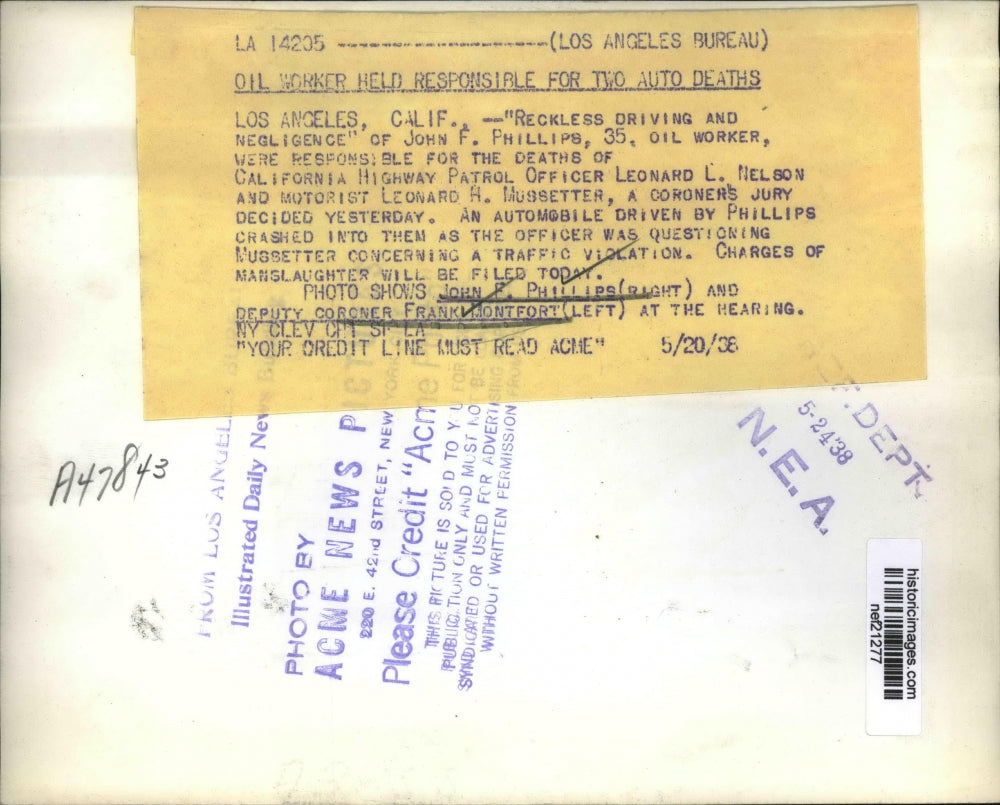 1938 Press Photo John F Phillips Oil Worker Held Responsible for Two Auto Deaths