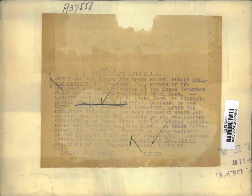 1937 Press Photo Burley William Garrity Congrulates Philip Murray Steel Chairman