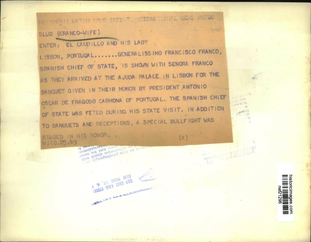 1949 Press Photo Spanish Chief of State Shown With Senora Franco - nef21296