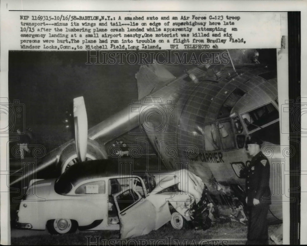 1958 Press Smashed Auto & Air Force C-123 Transport Attempted Emergency Landing
