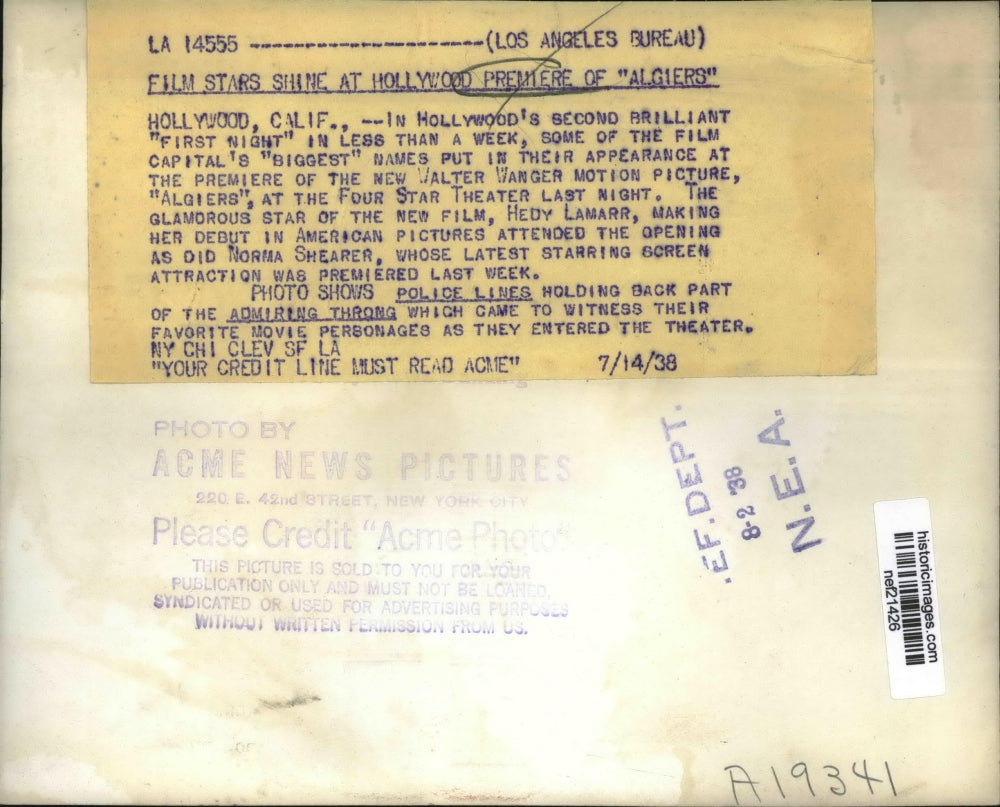 1938 Press Photo Film Stars Shine at Hollywood Premiere of "Algiers" - nef21426