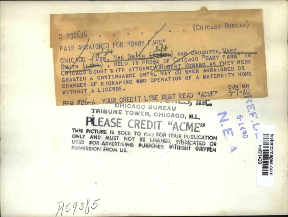 1940 Press Photo Mrs Mae Smith and Daughter Mary Smith Held In Baby Farm Probe