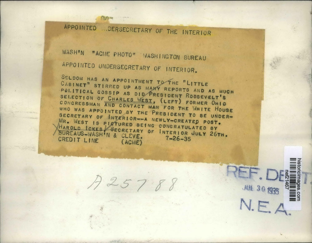 1935 Press Photo Harold Ickes congratulated as Sec of Interior by Charles West