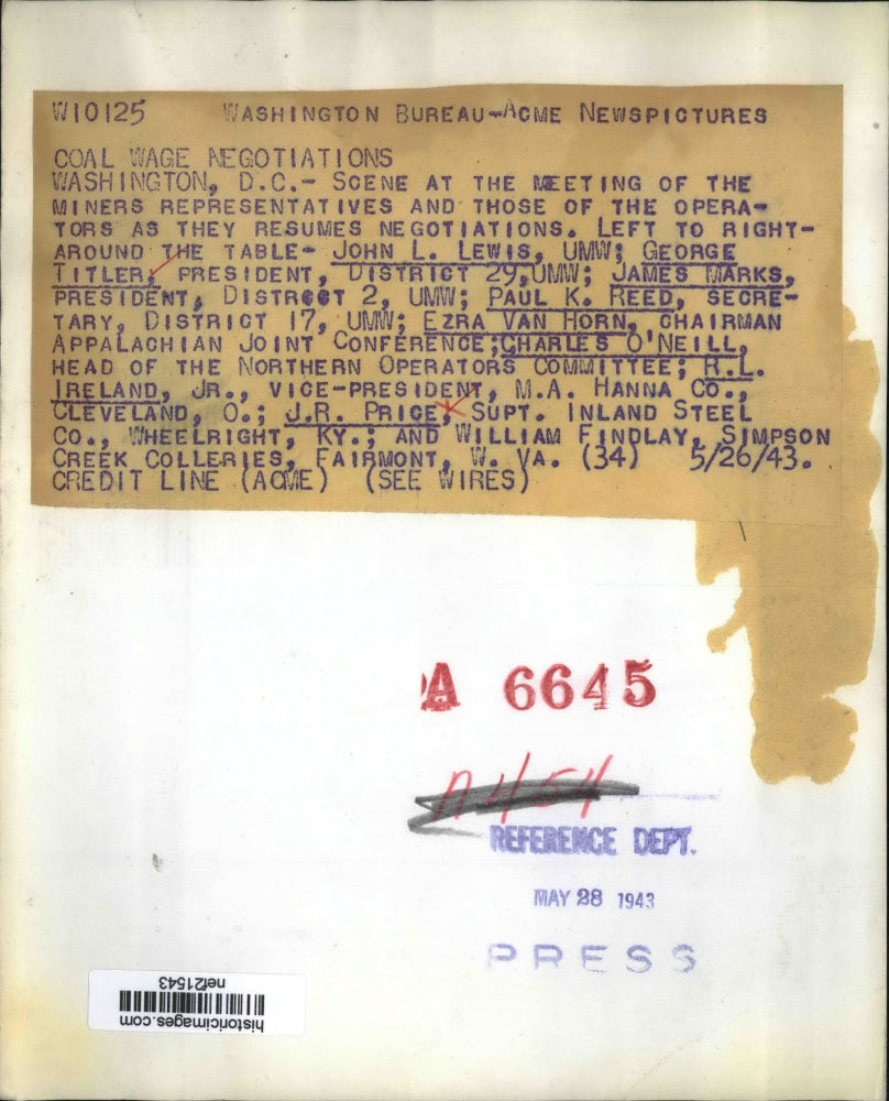 1943 Press Photo John L. Lewis of United Mine Workers at Coal Wage Negotiation