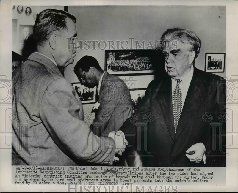Load image into Gallery viewer, 1952 Press Photo John L. Lewis of United Mine Workers Shakes Hands w/ Edward Fox
