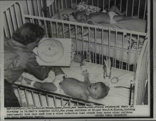 1955 Press Photo Twins James and Sandra Hinton celebrated Birthday at the Hosp