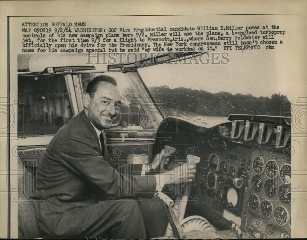 1964 Press Photo William E.Miller posed at the control of his campaign Plane