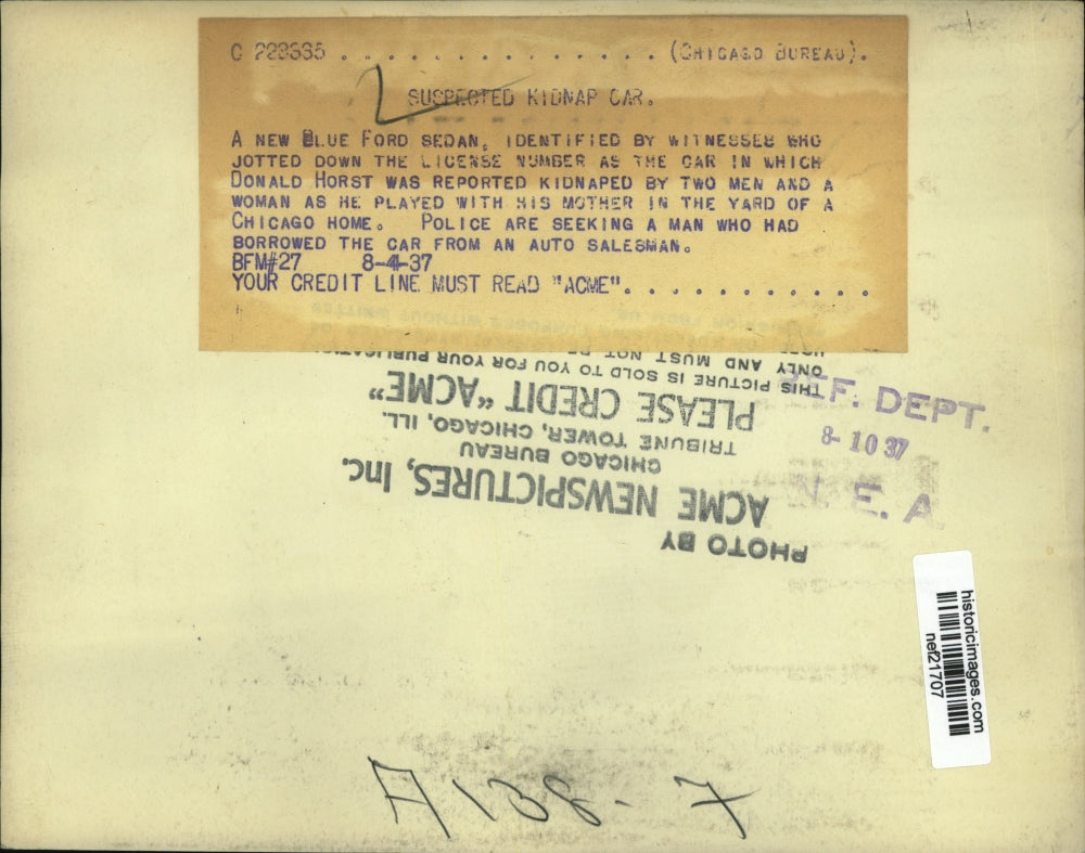 1937 Press Photo Sedan Donald Horst Was Reported Kidnapped In By Two Men & Woman