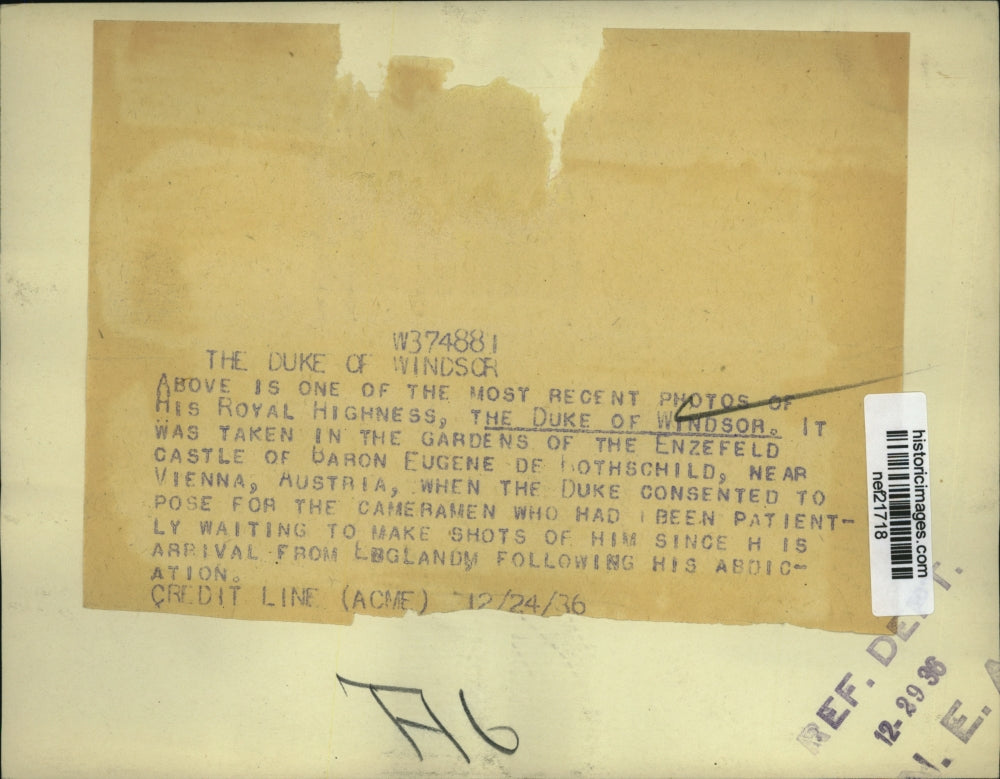 1936 Press Photo Most Recent Photo of His Royal Highness The Duke of Windsor